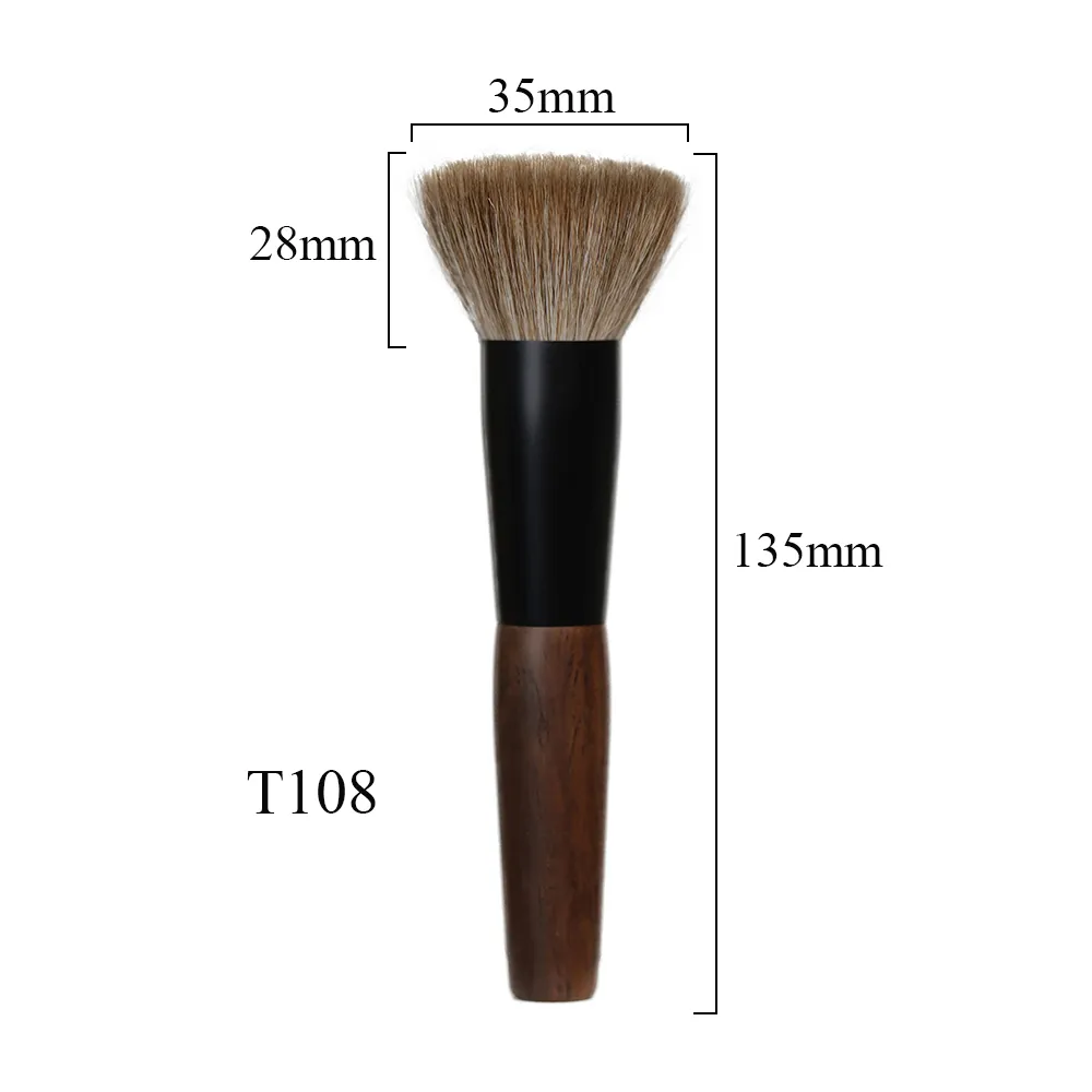T108 pincéis de maquiagem profissionais feitos à mão, cabelo de cabra natural, pincel de pó facial curto, cabo de madeira de ébano, pincel de maquiagem