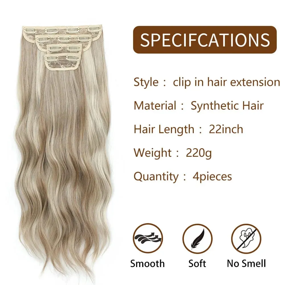 4Pcs/Set 11 Clips 22 Inches 220g Beach Waves Clip in Hair Extensions Sandy Blonde Champagne Heat Resistant Synthetic Hairpiece