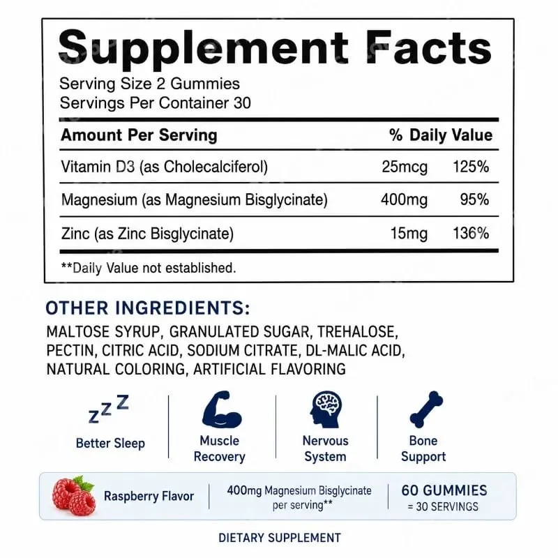 Gomas de bisglicinato de magnésio 400mg Sabor de framboesa apoia a saúde óssea e a função muscular Suplemento dietético para adultos Contagem de 60