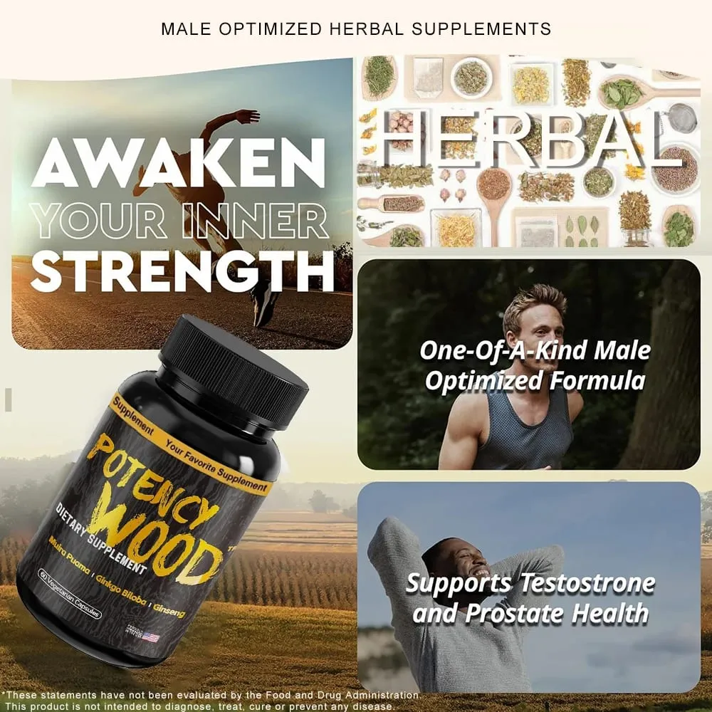 Cápsulas Potency Wood Vitality Boost - Suplemento Energy Libido Focus - Ginseng Ashwagandha Herbal Supplements 60 Cápsulas