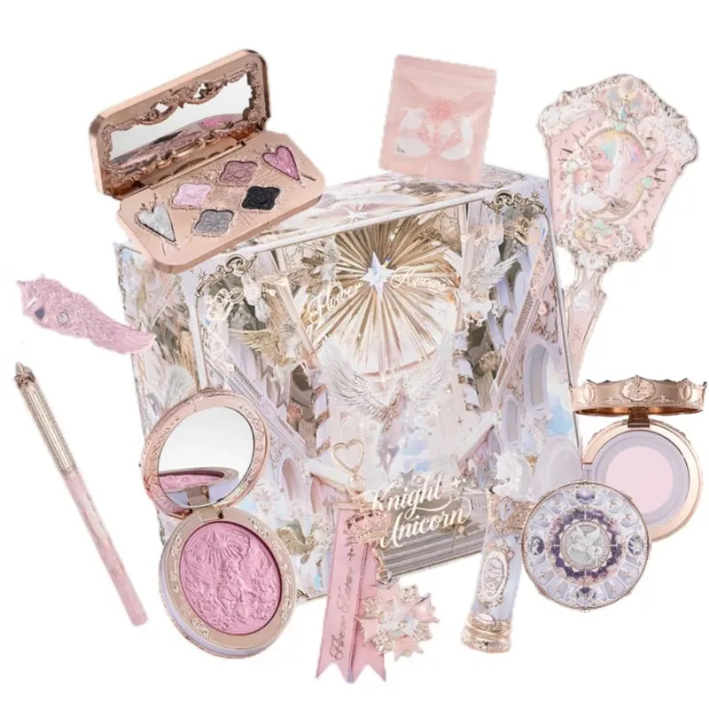 Conjunto de maquiagem de unicórnio Flower Knows Knight - Batom Blush Cloud Setting Powder Starlight Eyeshadow Kit de cosméticos em caixa de presente