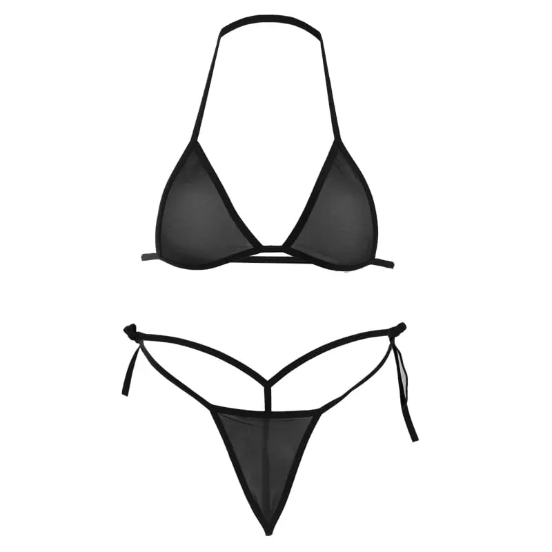 Sexy mini conjuntos de sutiã wirefree malha ultra-fina sem forro conjunto breve preto transparente 2 peças halter conjuntos de lingerie exótica feminina