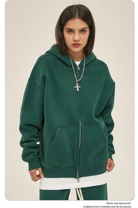 New Men Double Headed Zipper Fleece Hoodies Unisex Loose Basic Solid Warm Hooded Sweatshirts Coats For Winter HY0633