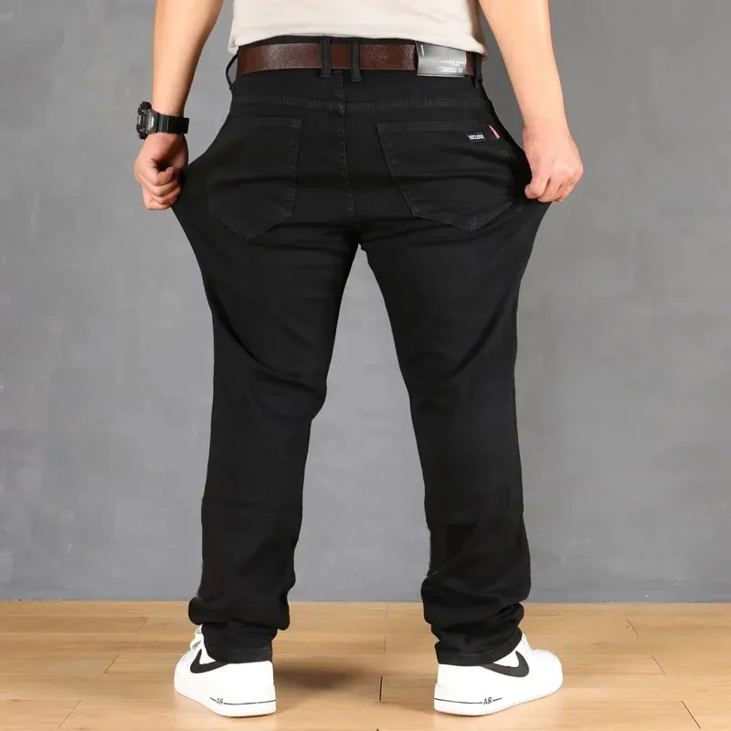 Calça jeans masculina plus size de barril sólido para primavera outono casual preto na moda jeans para homens