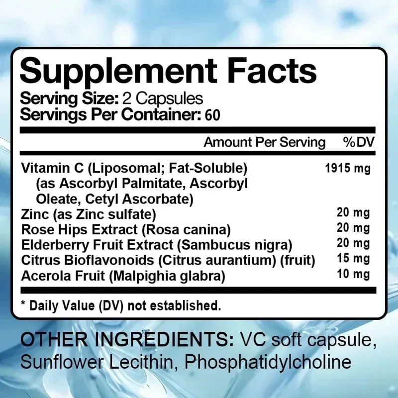 Vitamina C 2000 Mg Promove a Produção de Colágeno Suplemento Dietético Lipossomal de Vitamina C Não OGM e Vegetariano Sem Glúten