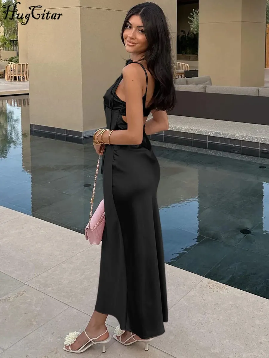 Hugcitar V Neck Solid Slips Backless Hollow Out Lace Up Sexy Bodycon Maxi Prom Dress Summer Women Elegant Outfits Birthday Party