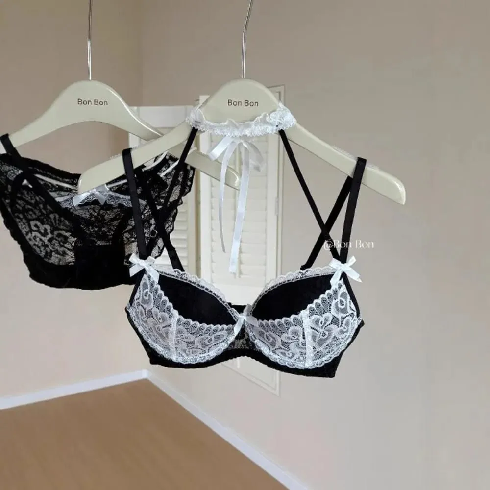 Conjunto de sutiã de renda romântico francês halter pescoço feminino push up suporte macio elástico lingerie roupa interior pequeno busto セクシーな S-XL