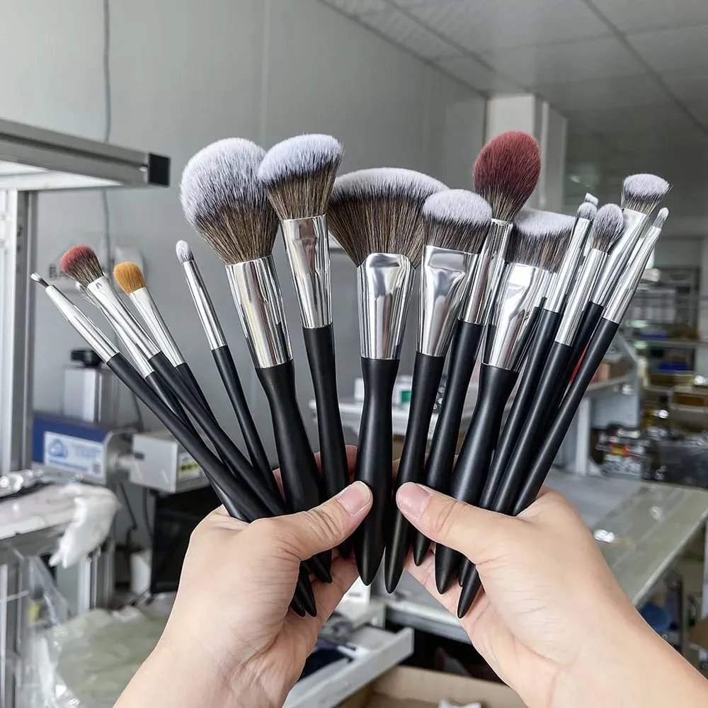 Pincéis de maquiagem pretos, rótulo privado, base em pó, blush, sombra, conjunto de pincéis de cabelo natural, atacado, 5 conjuntos