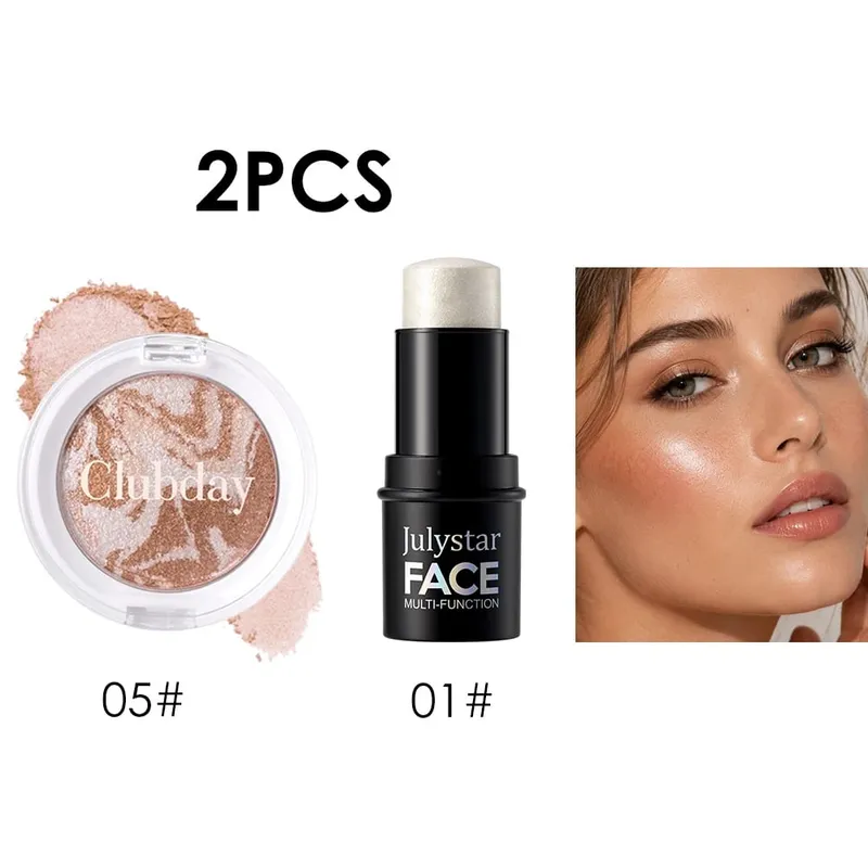Conjunto combinado de blush e destaque, acabamento orvalhado luminoso, cor edificável, uso de longa duração para maquiagem facial com brilho natural