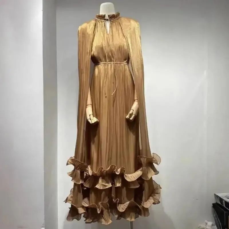 Commuting Style V-neck Cape Style Black Fungus Edge Double-layer Hem Dresses For Women 2026 Autumn New