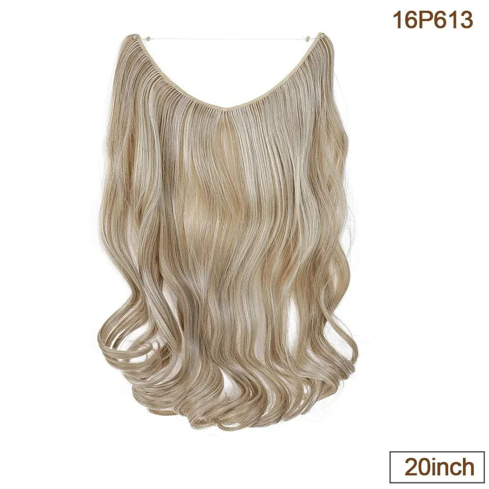 Extensões de cabelo de fio invisível sintético fio transparente ajustável longo ondulado encaracolado secreto hairpiece 20 Polegada para mulher
