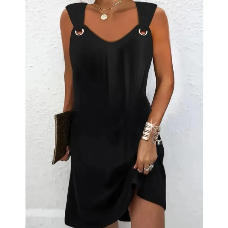 Mulheres verão vestidos casuais 2025 elegante estilo simples cor sólida botão de metal com decote em v sem mangas vestido feminino sexy midi vestidos