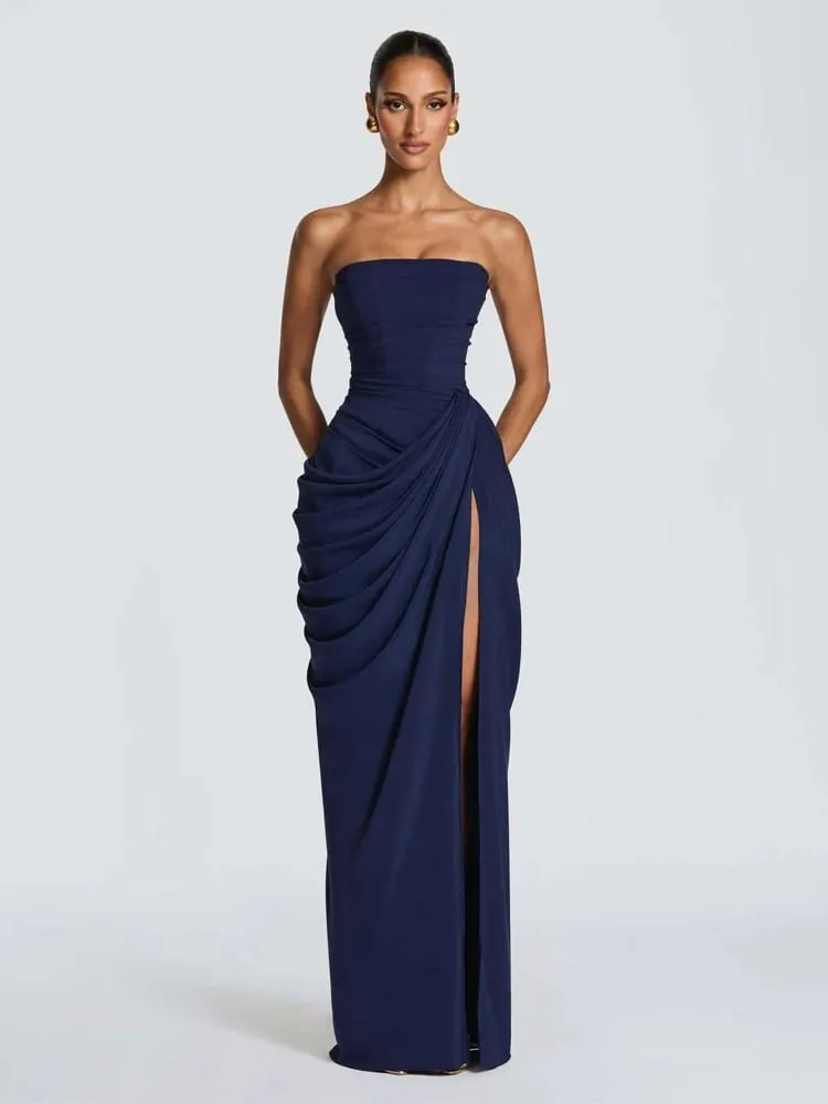 Elegante sólido plissado sem alças maxi vestido amarelo fora do ombro sem costas cintura alta dividir robe 2026 nova senhora vestido de festa à noite