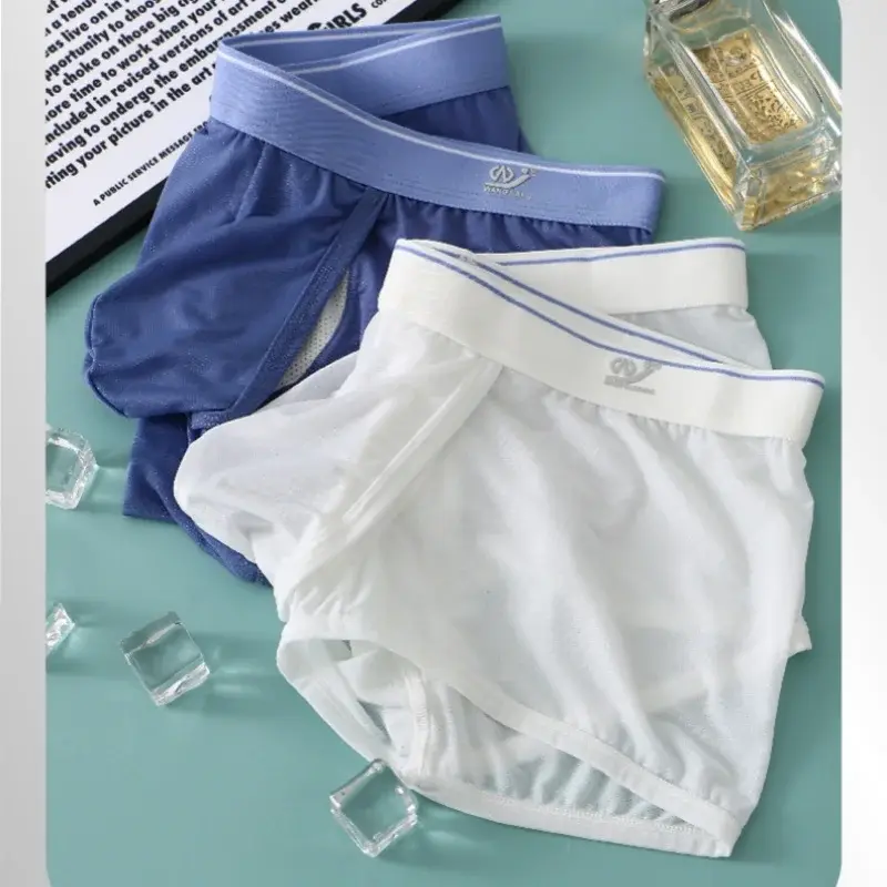 1 pçs gelo seda espaço cápsula roupa interior masculino compartimento sólido verão respirável ultra-fino boxers shorts transparentes hombre