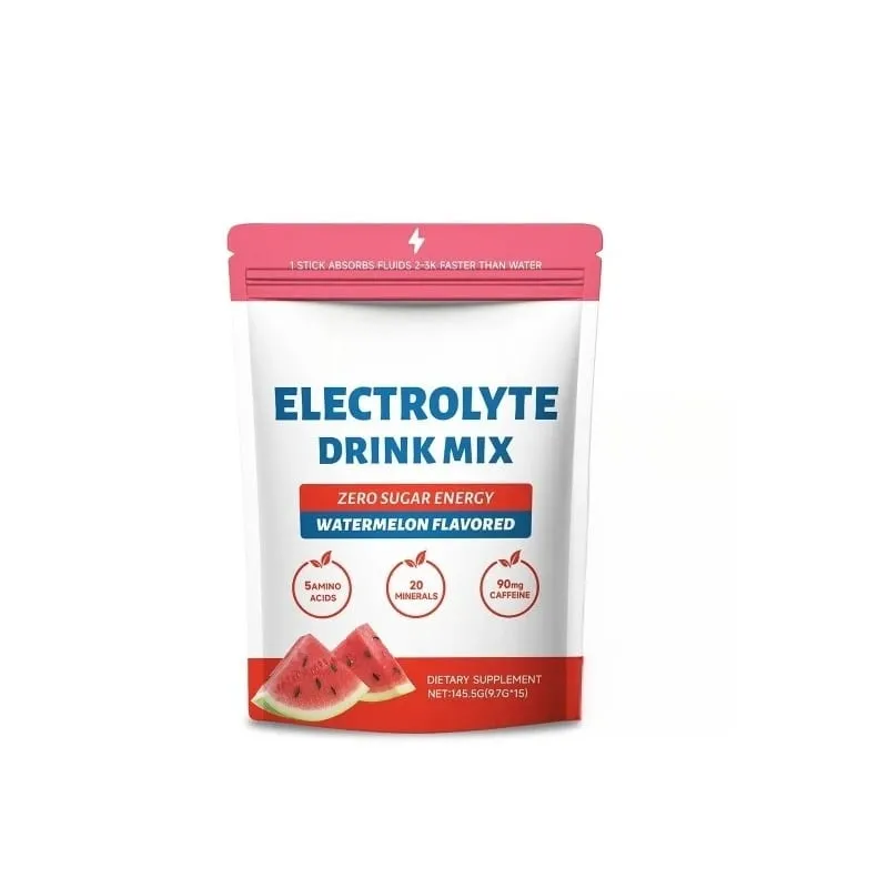 Pó eletrolítico de melancia com zero açúcar e 90mg de cafeína, aminoácidos, minerais, vitaminas, fornece reposição de energia, 15 bastões