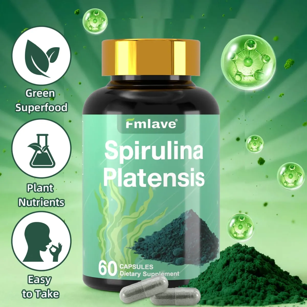 Fmlave Supplements Spirulina Orgânica - Suplemento de superalimento de algas verdes azuis rico em proteínas para energia e suporte imunológico 60 cápsulas vegetarianas