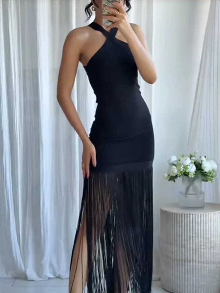 Mulheres borla retalhos halter maxi vestido chique sólido sem mangas fora do ombro magro fenda vestidos moda senhora vestidos de festa de férias