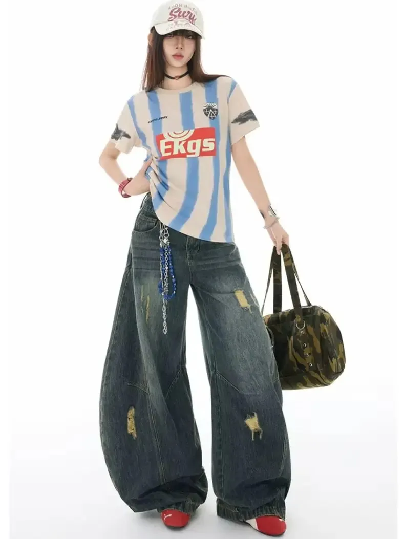 Calças de brim de perna curvada estilo retro unissex ajuste relaxado retalhos macio durável feminino masculino versátil lavado calças de perna larga