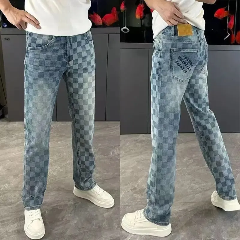 潮流品牌春夏格紋牛仔褲百搭男士直筒高級寬鬆休閒直筒彈性褲