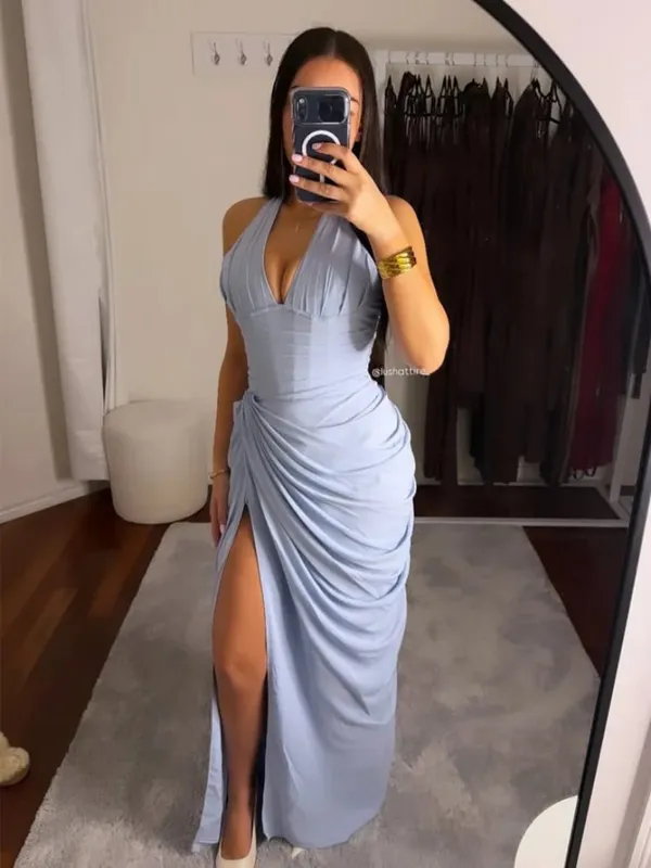 Elegante amarelo sem alças plissado vestido longo feminino chique sólido sem mangas cintura cinching split vestido 2026 senhora festa de noite robes