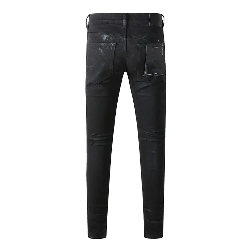 Calça jeans masculina americana High Street desgastada sólida preta revestida de alta elasticidade skinny e slim fit