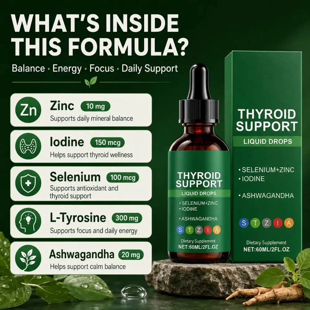 Docteat Gotas líquidas de suporte para tireóide selênio zinco iodo L-tirosina Ashwagandha 60ml 30 porções para homens e mulheres diariamente