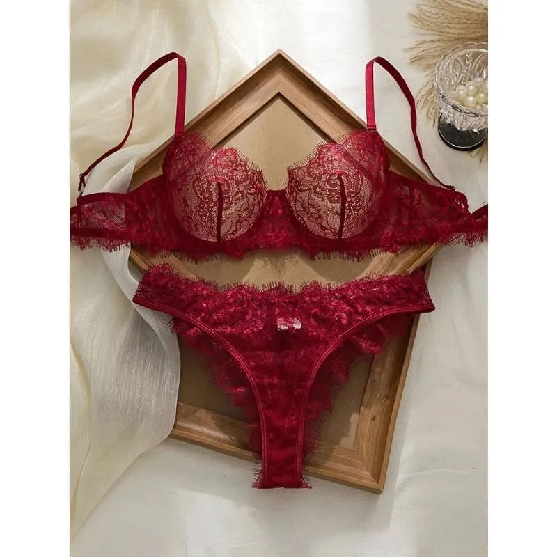 Conjunto de sutiã e calcinha de renda fina estilo básico feminino sem costura camada única roupa íntima confortável