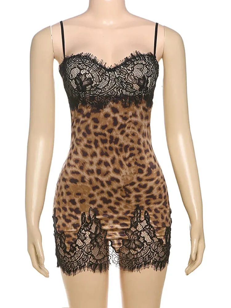 Mo retalhos impresso leopardo rendas feminino mini vestido cinta de espaguete vestido de cintura alta verão magro elegante festa clube vestido