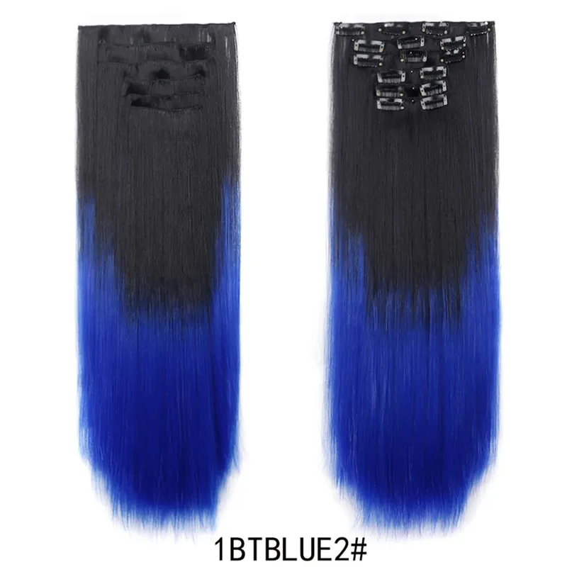 6PCS Set Clip In Hair Extensions 24Inch Long Straight Full Head Synthetic Hair Ombre Gradient Color Daily Use for Women Ladies