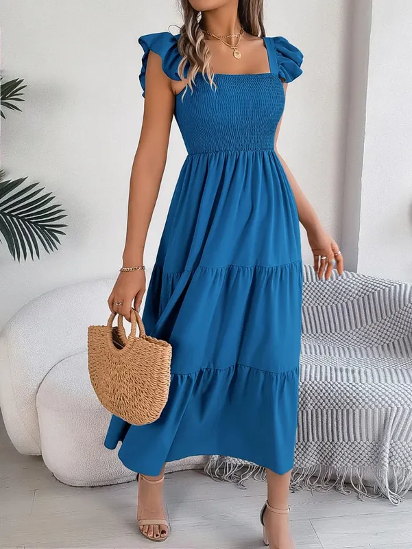 Msfilia vestido longo feminino liso sem mangas com gola quadrada evasê plissado para primavera e verão