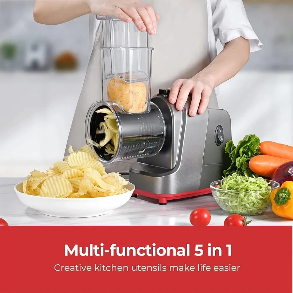 250W 5 in 1 Affettatrice di Verdure Elettrica Trituratore Automatico Sparatutto per Insalata Macchina Grattugia per Formaggio Carota Cavolo Cutter JT253