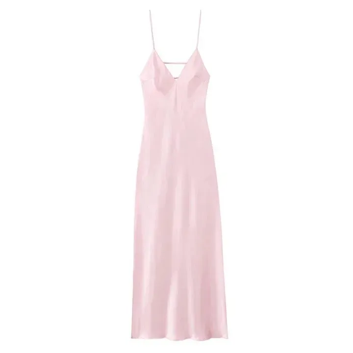 Women Solid Satin Sling Long Dress Casual Backless Sleeveless V-neck Pleated Gowns 2026 Summer Vacation Evening Party Robes