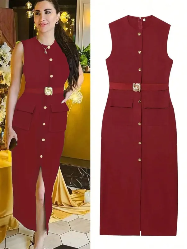 Sem mangas botão para baixo ashirtdress com cinto cor sólida fenda frontal elegante para vestidos de festa de escritório luxo 2025 ashirtwaister