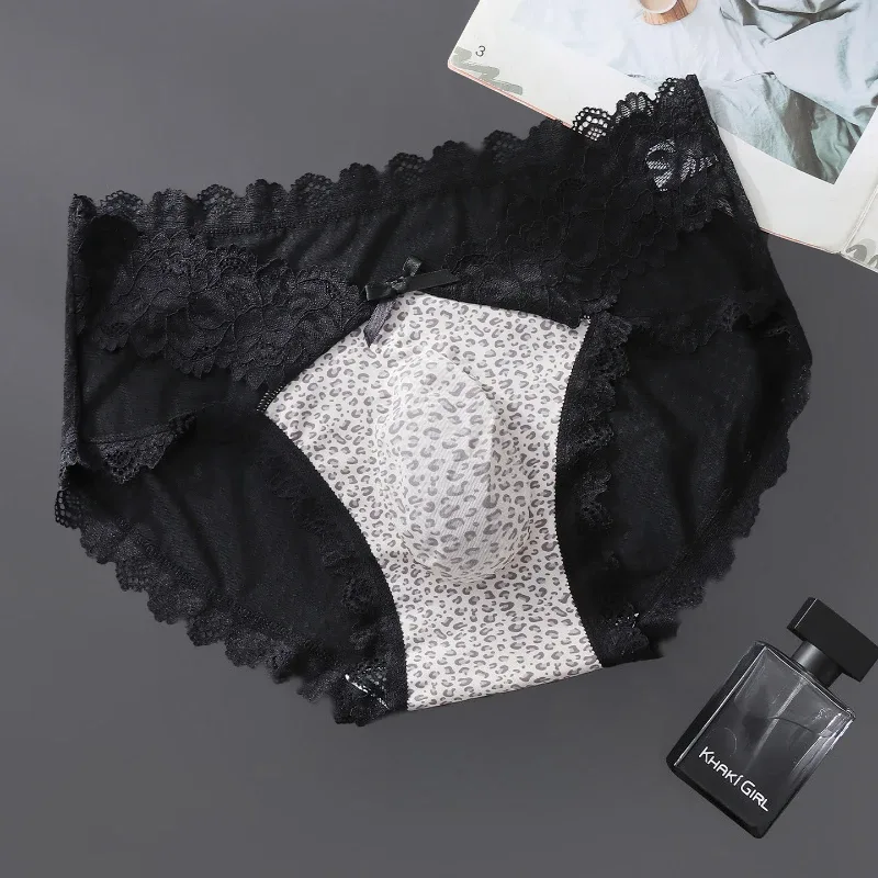 Cuecas masculinas forquilha alta borda de renda leopardo impresso roupa interior de seda gelo calcinha de secagem rápida sissy lingerie ver através de cuecas