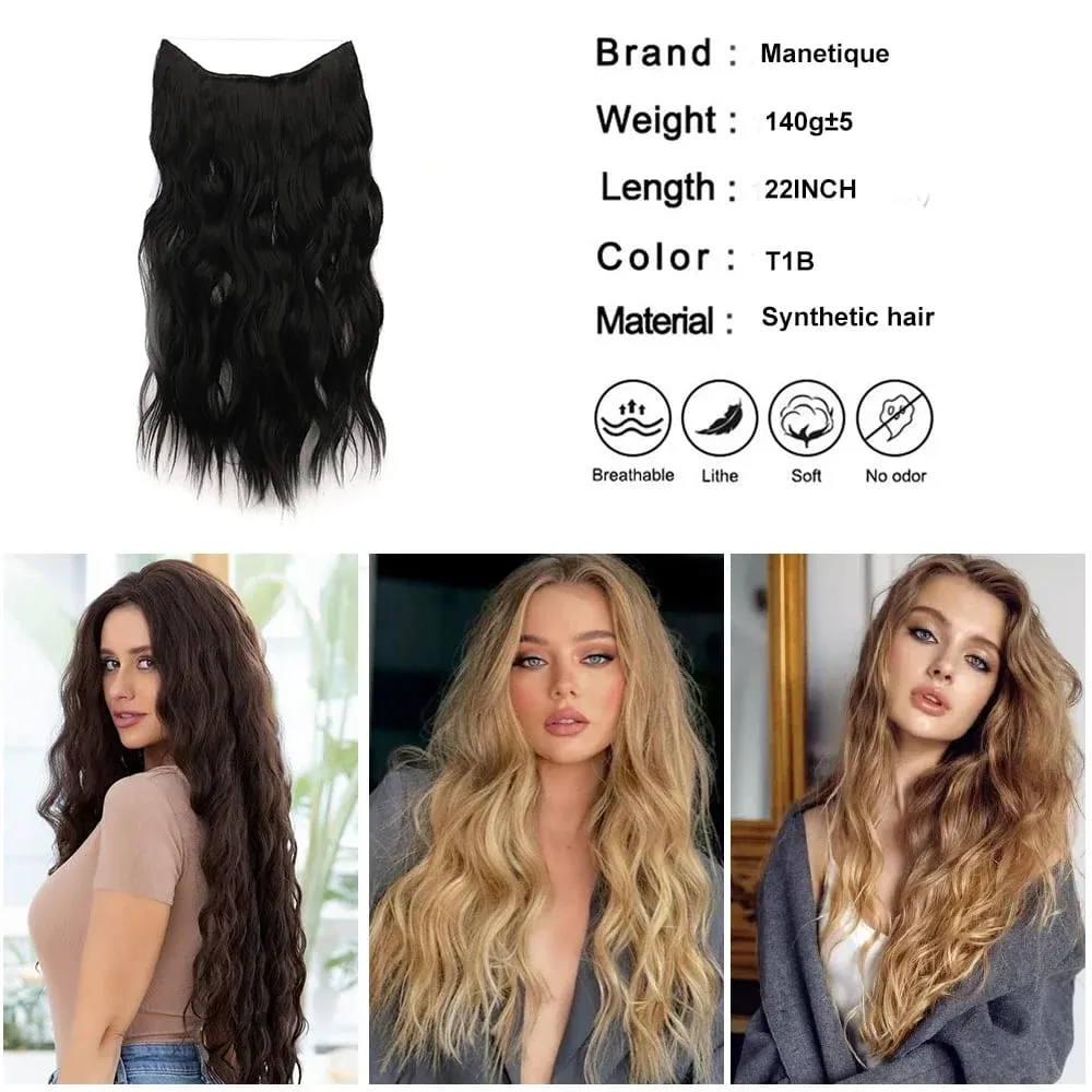 Extensões de cabelo de fio invisível sintético longo 4 clipes em onda encaracolado peruca para mulheres 20 Polegada extensões de cabelo de linha de peixe secreto