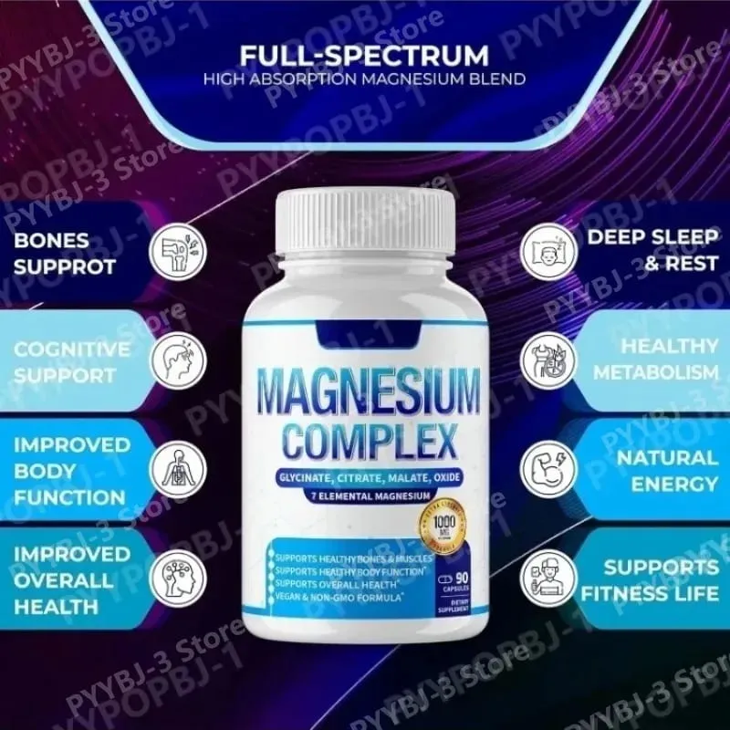 Cápsula de complexo de magnésio de 90 peças contém 7 ingredientes - citrato de glicinato e malato, etc. 1000 mg de suporte nutricional para a saúde
