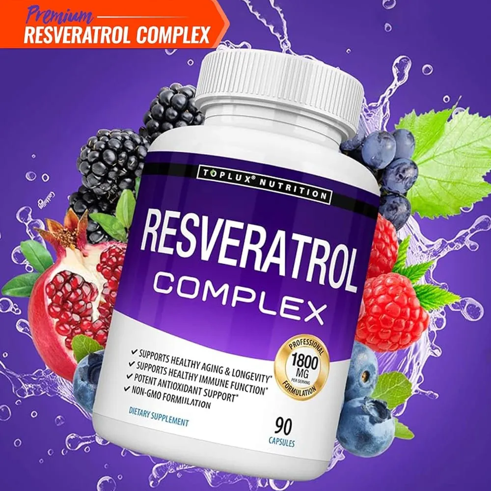 Complexo de Resveratrol - Suplemento de Resveratrol Trans com Semente de Uva - Promove o envelhecimento saudável, função cerebral do sistema imunológico 90 comprimidos