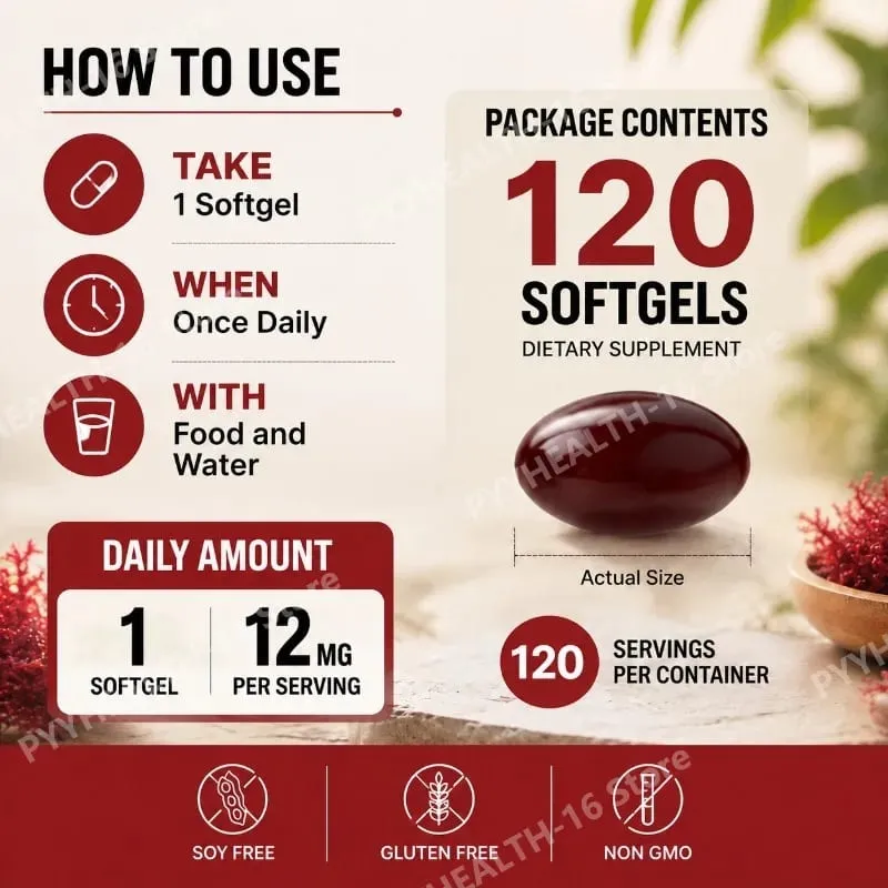 Astaxantina Softgels 12 mg de microalgas Suporte antioxidante de força tripla para o envelhecimento da pele Saúde ocular 120 Softgels