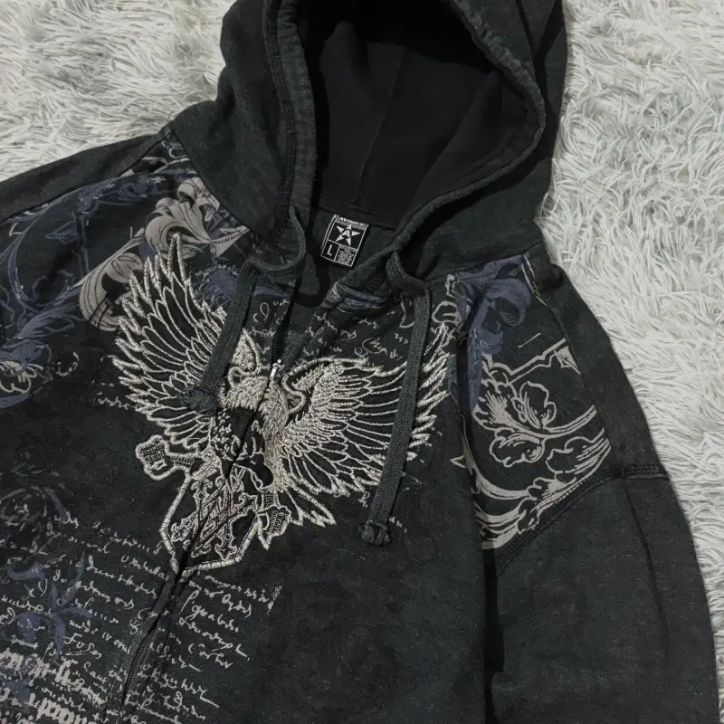 2025 americano nova moda padrão de grandes dimensões impresso zíper com capuz camisola masculina y2k gótico harajuku hip hop popular casal hoodies — image 2