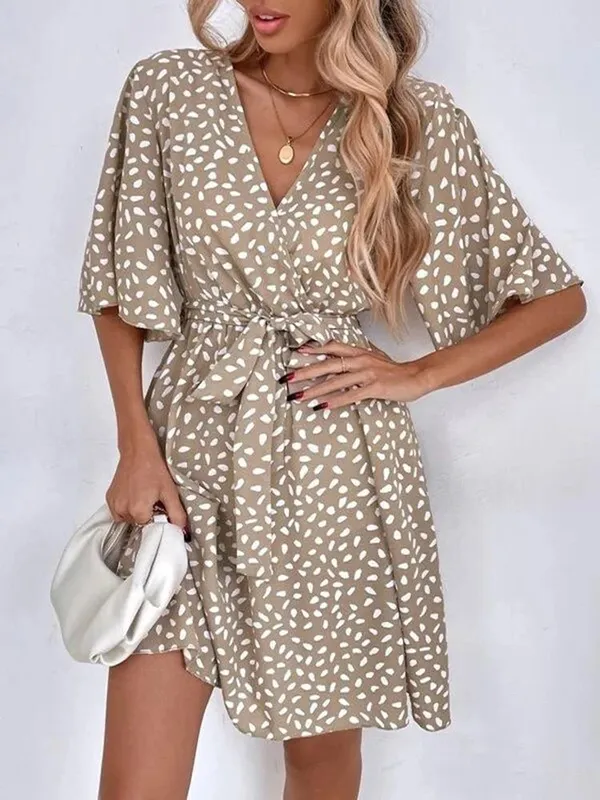 Casual dot print mini vestido com cinto elegante chique meia manga v pescoço a linha vestido de verão vintage harajuku vestido curto praia festa