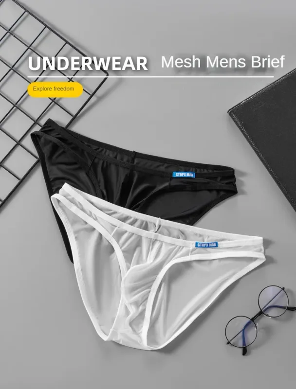 Cueca masculina sexy fina de seda gelo translúcida cuecas u bolsa ropa interior hombre calcinha masculina