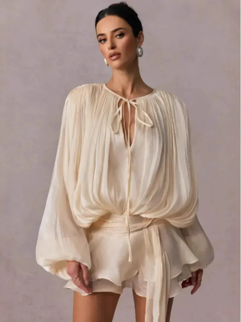 Beige Top Solid Blouse Mini Dresses For Women V Neck Long Sleeve Spliced Lace Up Sweet Style Dress Female Clothing Fashion P7WI