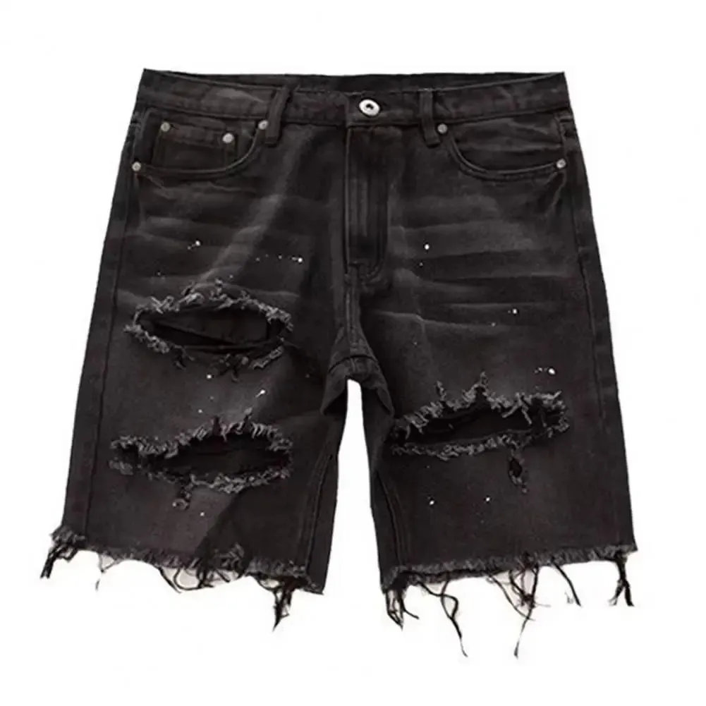 Homens verão angustiado denim shorts botão zíper voar multi bolsos jeans curtos ajuste reto rasgado buracos na altura do joelho angustiado — image 4