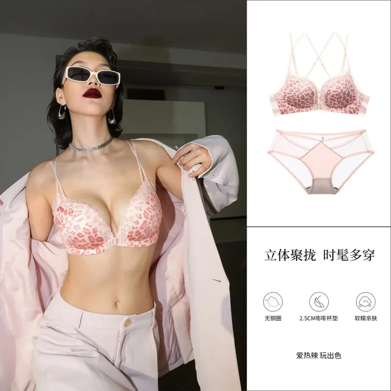 Victoria estilo conjunto de lingerie sem fio rosa leopardo padrão fechamento frontal sutiã sensual volta push up para busto pequeno 32-38