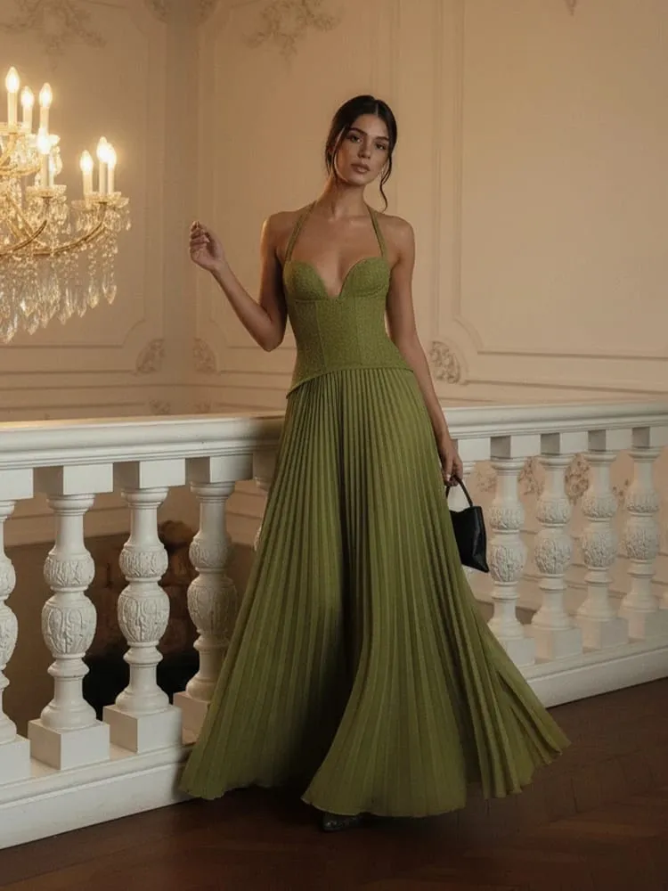 Verde chique espartilho halter vestido longo feminino sólido sem costas fora do ombro plissado retalhos vestidos finos 2026 senhora vestido de festa novo