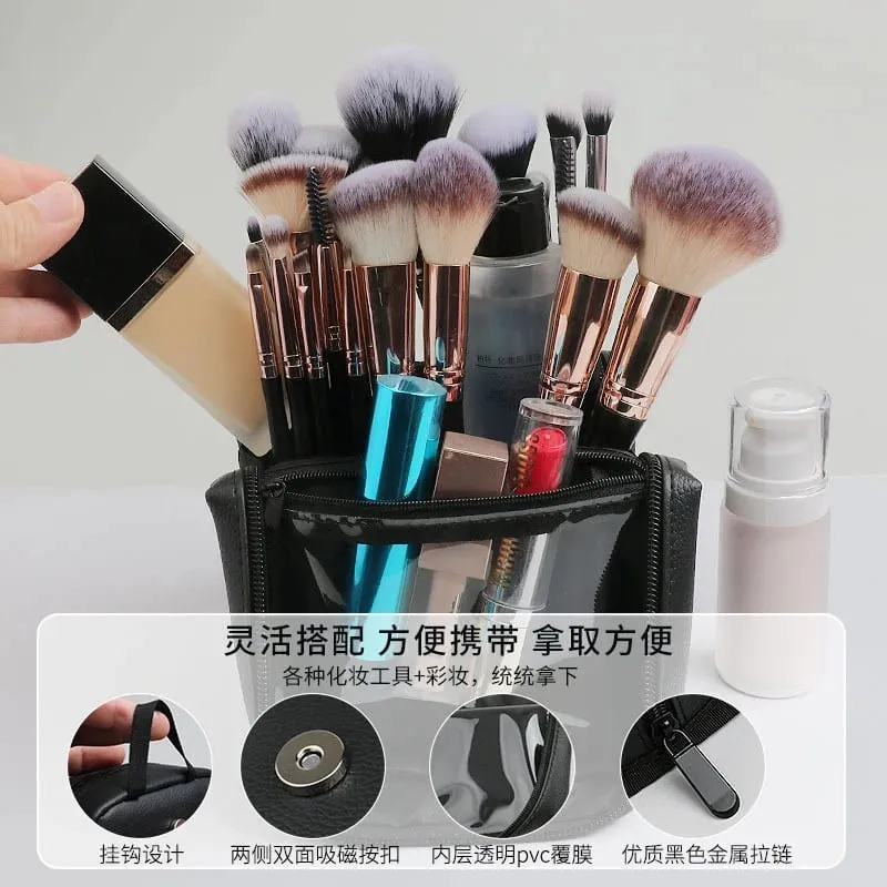 皮革化妝刷收納袋立式化妝刷收納袋大容量可折疊化妝工具袋拉鍊