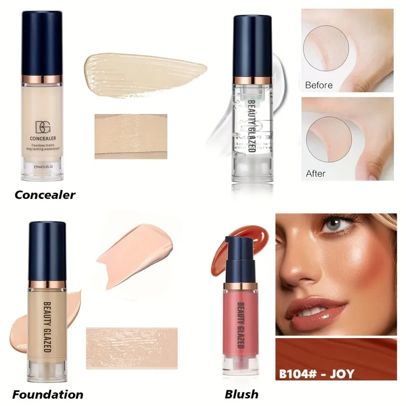 Conjunto de 4 peças de primer + corretivo + base líquida + blush líquido fosco veludo à prova d'água base blush maquiagem para viagens