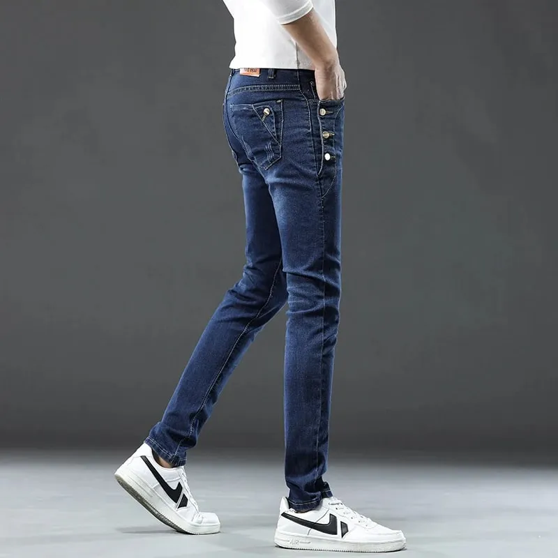 Novos homens magro coreano botão jeans preto magro cor sólida estiramento multi-botão juventude masculino calças jeans streetwear
