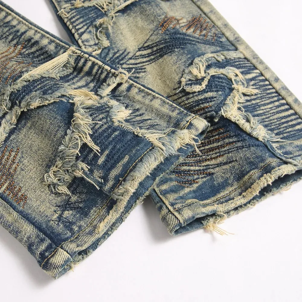Homens bordado remendo boot corte jeans retalhos estiramento denim magro queimado calças vintage azul streetwear