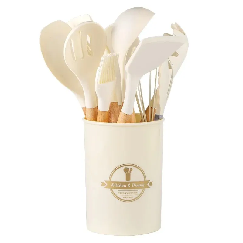 2/12 pçs conjunto de utensílios de cozinha de silicone branco com alça de madeira espátula de panelas resistente ao calor antiaderente ferramentas de cozinha